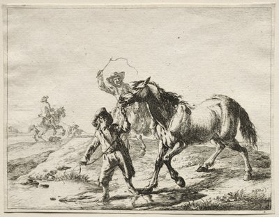 Um menino levando um cavalo para beber de Dirck Stoop