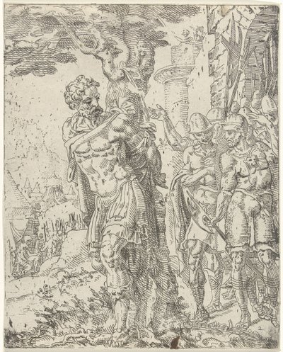 Achior amarrado a uma árvore
Judith e Holofernes (título da série) de Dirck Volckertsz. Coornhert (attributed to)