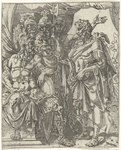 Achior fala a Holofernes sobre os israelitas
Judith e Holofernes (título da série) de Dirck Volckertsz. Coornhert (attributed to)