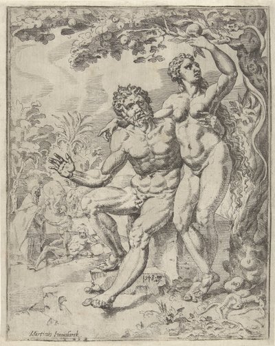 Adão e Eva colhem o fruto proibido Queda e redenção da humanidade através da vida e paixão de Cristo (título da série) de Dirck Volckertsz. Coornhert (attributed to)