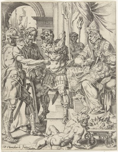 Cristo diante do sumo sacerdote Anás Queda e redenção da humanidade através da vida e paixão de Cristo (título da série) de Dirck Volckertsz. Coornhert (attributed to)