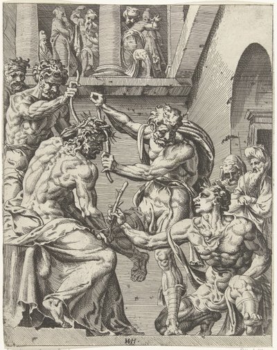 Cristo é coroado com a coroa de espinhos Queda e redenção da humanidade através da vida e paixão de Cristo (título da série) de Dirck Volckertsz. Coornhert (attributed to)
