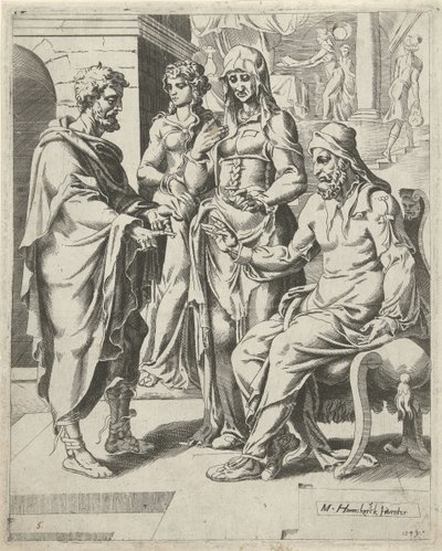 Elijah diz a Laban o seu propósito
A procura de uma esposa por Isaac (título da série) de Dirck Volckertsz. Coornhert (attributed to)