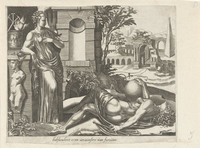 A Fortuna não favorece aqueles que adormecem; a paciência como o Victor da Fortuna
A paciência supera a fortuna
Liidsaemheiit es a verwinstert of fortunne (título sobre o objecto)
Provérbios sobre a Fortuna (título da série) de Dirck Volckertsz. Coornhert (attributed to)