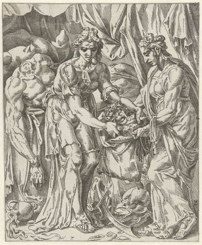 Judit coloca a cabeça de Holofernes em um saco Judit e Holofernes (título da série) de Dirck Volckertsz. Coornhert (attributed to)
