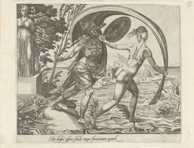 Nenhum escudo protege contra o infortúnio; Quanto maior sua fortuna, maiores suas dores Não se pode defender-se contra o destino Ajuda gheen a descascar contra ganck de fortunas (título no objeto) Provérbios sobre Fortuna (título da série) de Dirck Volckertsz. Coornhert (attributed to)