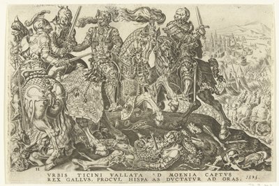 Captura de Francisco I na Batalha de Pavia, 1525 Vitórias de Carlos V (título da série) Divi Caroli. v. imp. optar. max. victoriae, ex multis praecipuae (título da série) de Dirck Volckertsz. Coornhert (possibly)