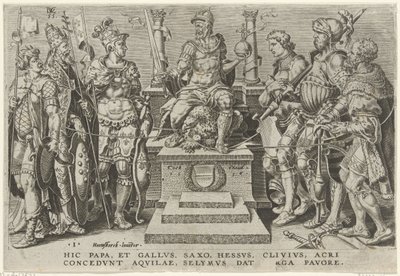 Carlos V rodeado pelos seus oponentes derrotados
Vitórias de Carlos V (título da série)
Divi Caroli. V. imp. opt. max. victoriae, ex multis praecipuae (título da série) de Dirck Volckertsz. Coornhert