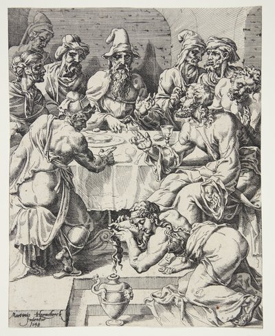 Maria Madalena limpando os pés de Cristo na casa de Simão, o fariseu de Dirck Volckertsz. Coornhert