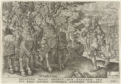 Rendição do Duque da Saxônia no Campo de Batalha de Mühlberg, 1547 Vitórias de Carlos V (título da série) Divi Caroli. v. imp. optar. max. victoriae, ex multis praecipuae (título da série) de Dirck Volckertsz. Coornhert