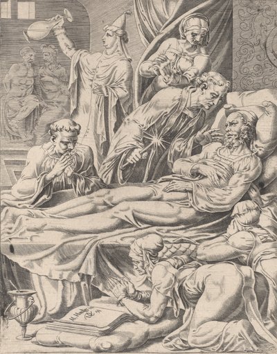 O homem rico em seu leito de morte, da parábola de Lázaro e o homem rico, placa 2, 1551. de Dirck Volkertsen Coornhert