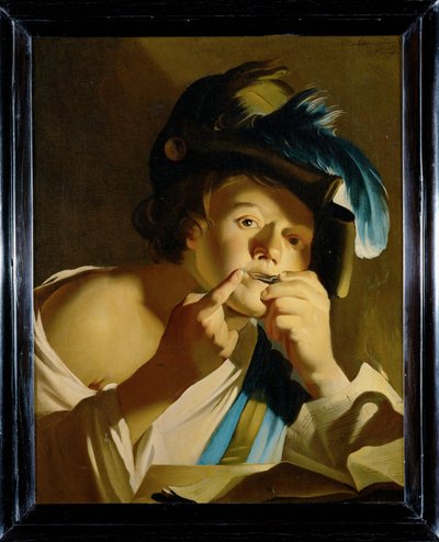 Rapaz com harpa de judeu (pintura sobre tela) de Dirck van Baburen