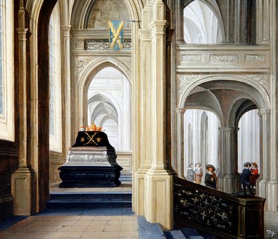 Um interior de igreja com uma túmulo real de Dirck van Delen