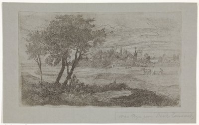 Paisagem com árvores em primeiro plano e uma charrua no campo de Dirk Arnoldus Tavenraat