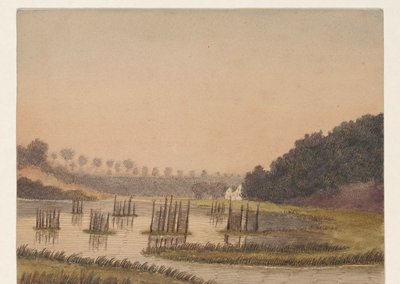 Paisagem pantanosa com um edifício ao longe de Dirk Arnoldus Tavenraat