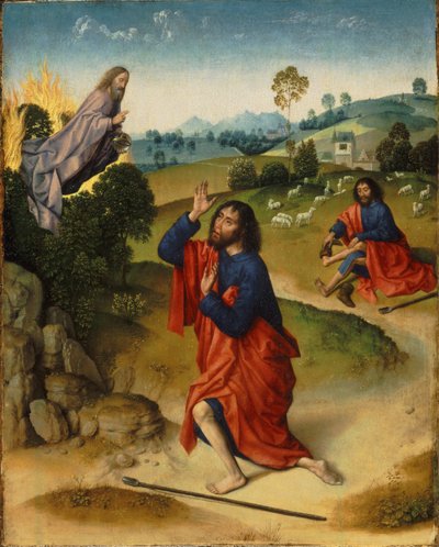 Moisés e a sarça ardente, com Moisés removendo os sapatos, ca 1465 de Dirk Bouts