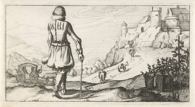 Homem em gambeson em uma paisagem de montanha Trajes femininos e masculinos holandeses, 1622 (título da série) de Dirk Eversen Lons