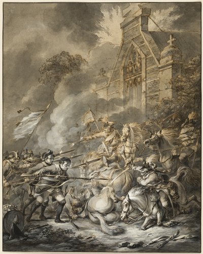 Uma escaramuça entre os oficiais de cavalaria e os soldados de infantaria com baionetas de Dirk Langendijk