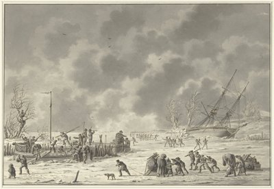 Vluchten van de Landzaten te Texel, Janeiro 1795
O abandono dos barcos canónicos e o voo dos Landzaaten em Dezembro de 1794 (título sobre o objecto) de Dirk Langendijk