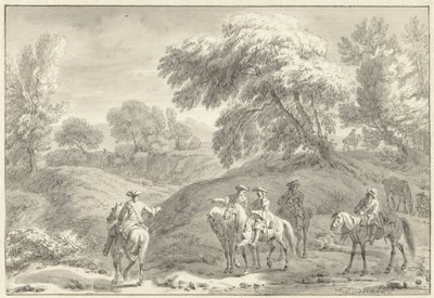 Paisagem montanhosa com caçadores a cavalo de Dirk Maas