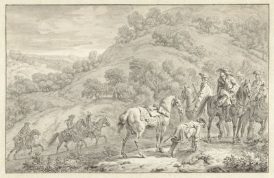 Paisagem de montanha com um cavaleiro desmontado e outros caçadores a cavalo de Dirk Maas