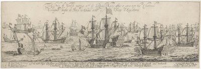 Duque de York cumprimenta a Marinha Real no Canal O encontro do Duque de York com a Marinha Real após a sua entrada no Channell / O cheqado duque de Jorck no Cannal entre o Frota d