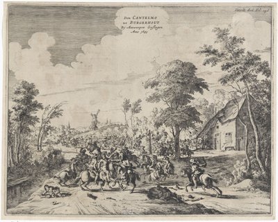 Espanhóis sob Don Cantelmo derrotados em Borgerhout, 1643 Don Cantelmo tot Burgerhout Por Antuérpia Struck Anno 1643 (título no objeto) de Dirk Stoop