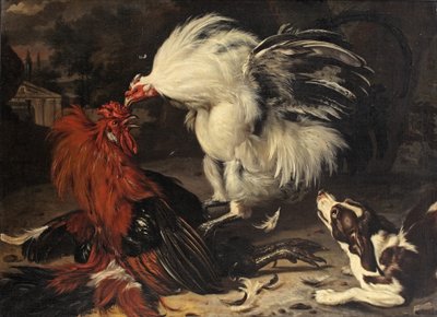 Dois galos a lutar e um cão a observar, uma paisagem de parque mais além de Dirk Valkenburg