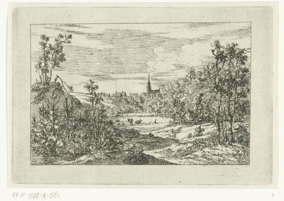 Paisagem dunar e vista das casas e da igreja de Scheveningen de Dirk Vis Blokhuyzen