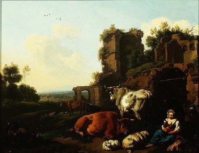 Paisagem com Shepherdess, c.1670 (óleo sobre painel) de Dirk van Berghen