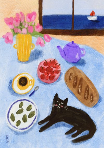 Um pequeno-almoço relaxante à beira-mar com gatos de Dirkie Nell