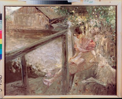 No Balneário (Uma jovem, com um cachorro, lê na passarela de madeira que atravessa um riacho, levando a uma casa de madeira) - No Balneário - Pintura de Dmitri Anfimovich Shcherbinovsky (1867-1926), óleo sobre tela de Dmitri Anfimovich Shcherbinovsky