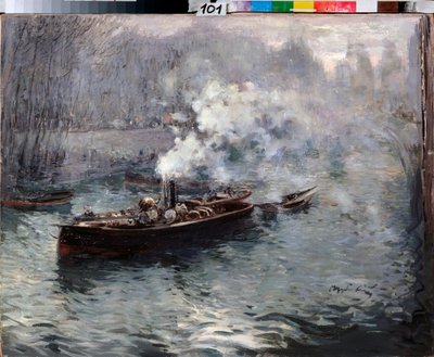 Um barco a vapor - Pintura de Dmitri Anfimovich Shcherbinovsky (1867-1926), óleo sobre tela de Dmitri Anfimovich Shcherbinovsky