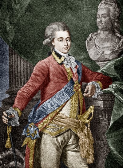 Alexander Dmitrievich Lanskoy (1758-1784) militar russo, amante de Catarina II da Rússia, gravura em metal colorido de Dmitri Grigor