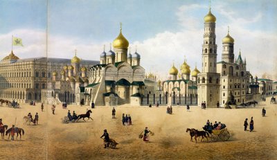 Catedrais da Anunciação e do Arcanjo, a partir de um panorama de Moscou, gravado por Philippe Benoist 1813-c.1905 e Aubrun, pub. por Lemercier litho detalhe de 105099 de Dmitri Indieitzeff