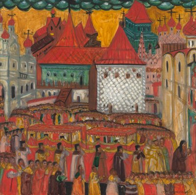 Procissão da Cruz em comemoração ao nascimento de Pedro, o Grande, 1917. de Dmitri Semyonovich Stelletsky