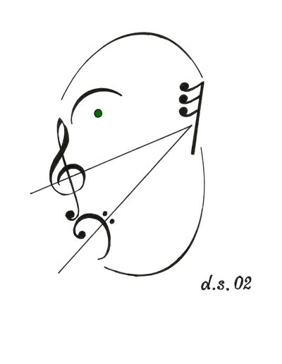 Rosto de diminuendo - um rosto cantante desenhado utilizando o símbolo musical para diminuendo e várias outras notações musicais de Dmitri Smirnov
