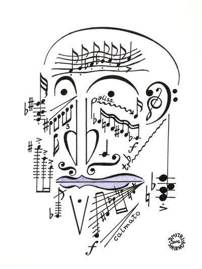 Dr Musicus - um rosto desenhado com notação musical de Dmitri Smirnov
