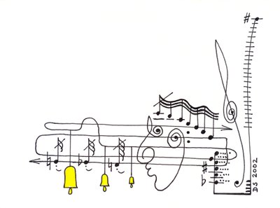 Elegia - desenho de uma partitura musical com a notação a formar um rosto e sinos pendurados nas pautas de Dmitri Smirnov