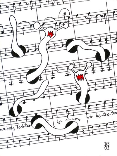 Festa da Alegria - desenho de uma partitura musical com vermes a comerem a página de Dmitri Smirnov
