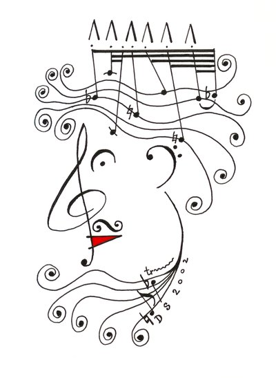 Rei da Música - uma caricatura de uma cabeça com uma coroa desenhada com notação musical de Dmitri Smirnov