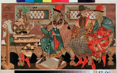 Conversa (Conversa) - Trabalho de Dmitri Semyonovich Stelletsky (1875-1947), guache sobre papel de Dmitry (Dmitrij) (1875 1947) Stelletsky