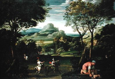 Paisagem com Barcos, ou Paisagem com Cena de Caça (óleo sobre tela) de Domenichino