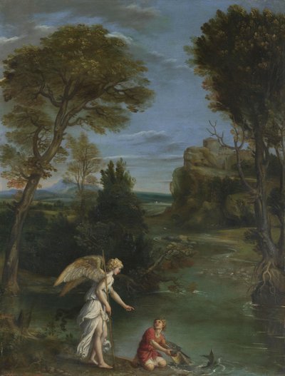 Paisagem com Tobias agarrando o peixe, c.1615 (óleo sobre cobre) de Domenichino