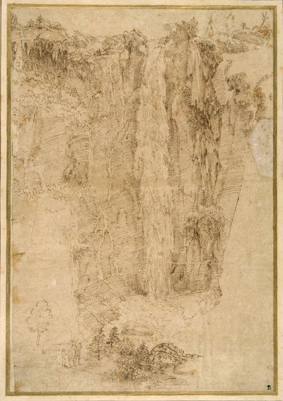 Paisagem com cascata; ao pé, dois homens, um montado (caneta e tinta marrom sobre papel) de Domenichino