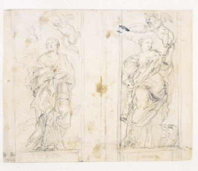 Dois nichos com figuras em pé das Santas Ágata e Margarida sendo coroadas por putti de Domenichino