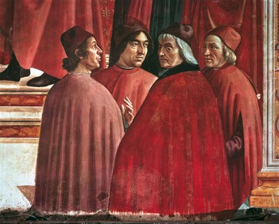Histórias da Virgem Maria: Anunciação a Zacarias, detalhe de Cristoforo Landino, Angelo Poliziano e Marsilio Ficino, c.1485-90 (fresco) de Domenico Ghirlandaio