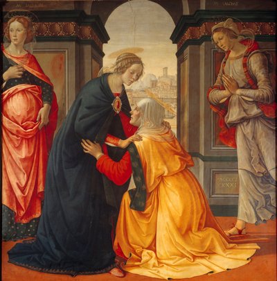 Visitação: Virgem Maria visita Elisabeth, entre Marie Jacobie e Marie Salome, testemunhas da Crucificação e Ressurreição, Pintura de Domenico Ghirlandaio (1449-1494) 1491 de Domenico Ghirlandaio