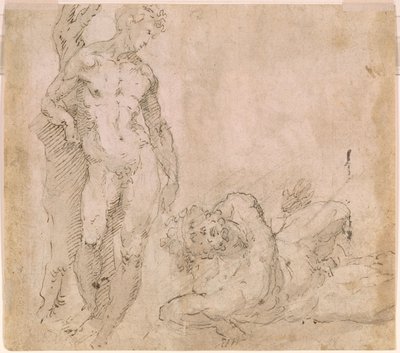 Beccafumi - Verso Nu masculino encostado a um tronco de árvore e nu masculino reclinado com a cabeça virada para trás, ca. 1530-1540 de Domenico Beccafumi
