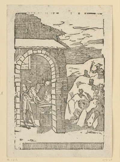 O Chamado dos Metais. Hefesto (Vulcano) e um erudito encontram-se junto à forja, enquanto lá fora, nas rochas, se escondem os deuses (como representantes dos metais): Saturno (chumbo), Júpiter (estanho), Vénus (cobre), Lua (prata), Mercúrio (mercúrio) de Domenico Beccafumi